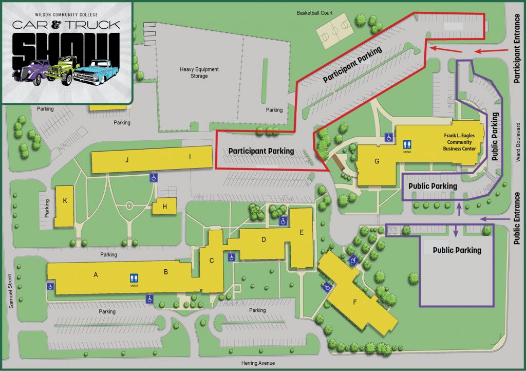 Campus map displaying public and participant parking areas