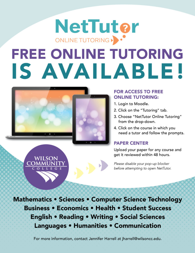 NetTutor free online tutoring available through Moodle.