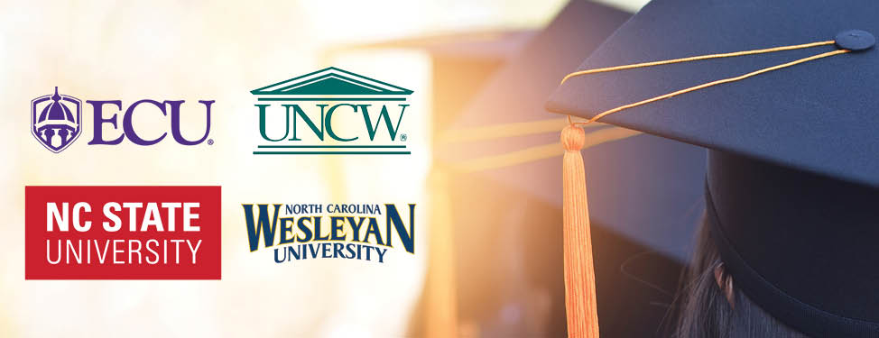 ECU logo, UNCW logo, NC State University logo, North Carolina Wesleyan University logo on a close up photo of graduation caps